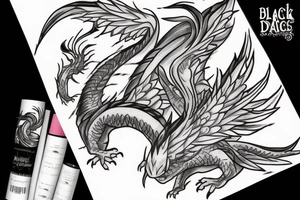 small white dragon rolled in on itself with black trails tattoo idea