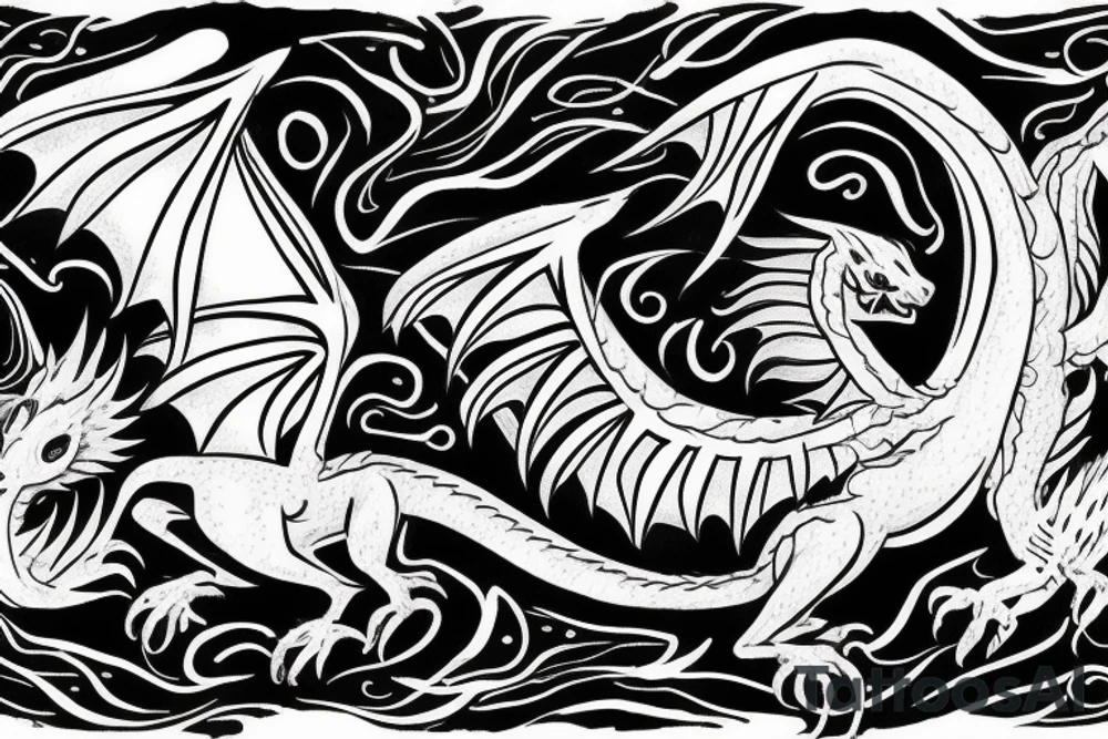 small white dragon rolled in on itself with black trails tattoo idea