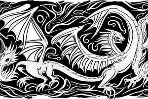 small white dragon rolled in on itself with black trails tattoo idea