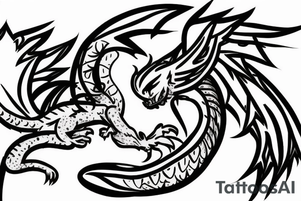 small white dragon rolled in on itself with black trails tattoo idea