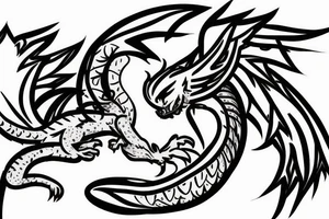 small white dragon rolled in on itself with black trails tattoo idea