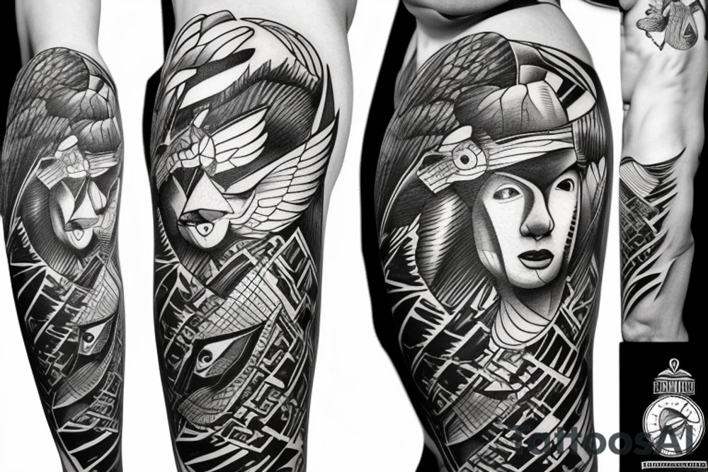 Spitfire, face, eagle, mountains joined together with line tattoo idea