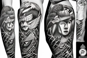 Spitfire, face, eagle, mountains joined together with line tattoo idea