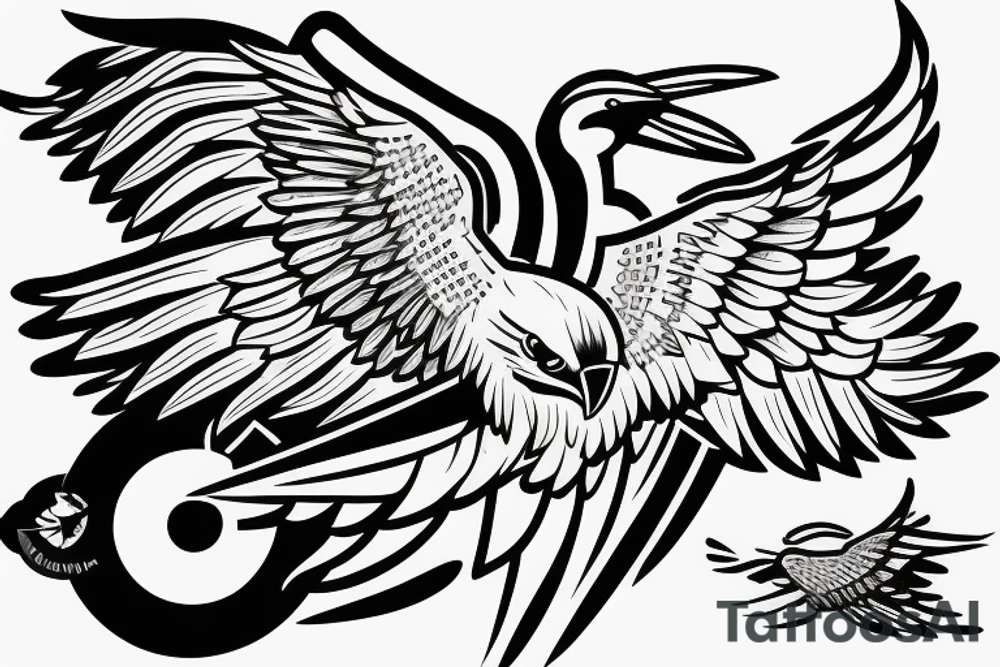 Spitfire, face, eagle, mountains joined together with line tattoo idea