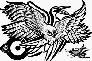 Spitfire, face, eagle, mountains joined together with line tattoo idea
