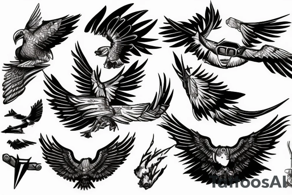 Spitfire, face, eagle, mountains joined together with line tattoo idea