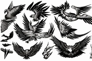 Spitfire, face, eagle, mountains joined together with line tattoo idea