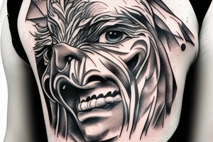 Statue face with an eagle above it. mountains joined together with line tattoo idea