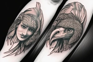 Statue face with an eagle above it. mountains joined together with line tattoo idea