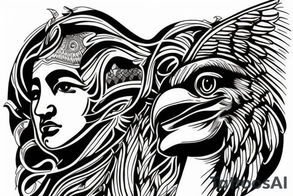 Statue face with an eagle above it. mountains joined together with line tattoo idea
