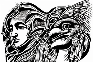 Statue face with an eagle above it. mountains joined together with line tattoo idea