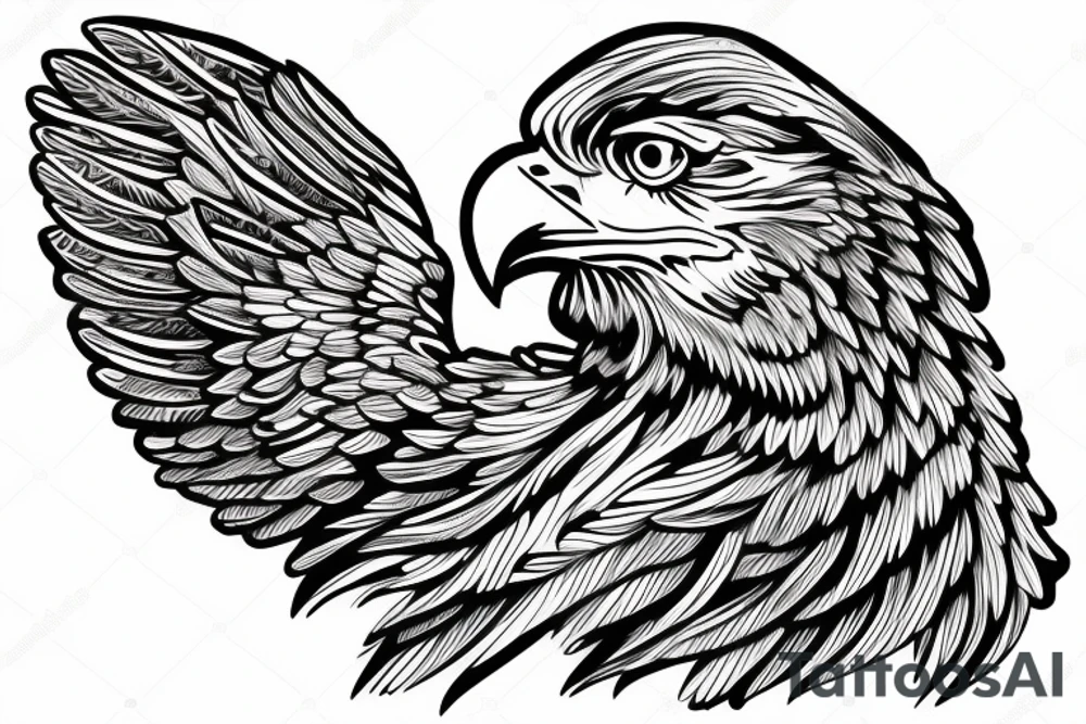 Statue face with an eagle above it. mountains joined together with line tattoo idea