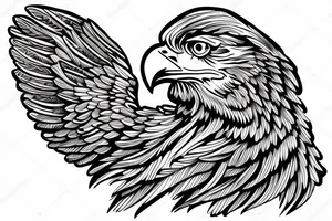 Statue face with an eagle above it. mountains joined together with line tattoo idea