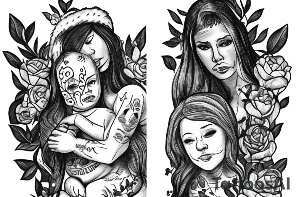 woman in the woods. Her son who is a teen is sleeping on the ground. Other son who is a baby in her lap tattoo idea