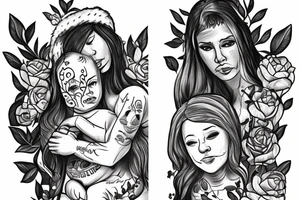 woman in the woods. Her son who is a teen is sleeping on the ground. Other son who is a baby in her lap tattoo idea