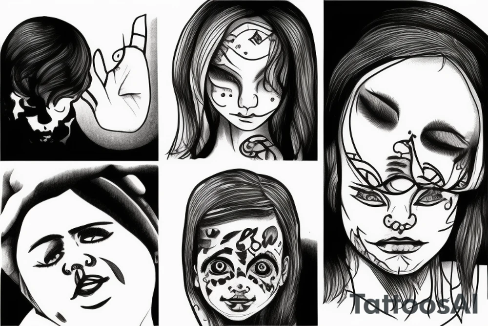 woman in the woods. Her son who is a teen is sleeping on the ground. Other son who is a baby in her lap tattoo idea