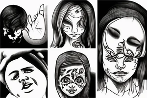 woman in the woods. Her son who is a teen is sleeping on the ground. Other son who is a baby in her lap tattoo idea