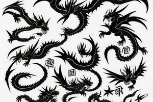Two black dragons and One red in the Middle, flying thro tattoo idea