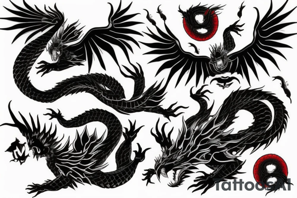 Two black dragons and One red in the Middle, flying thro tattoo idea