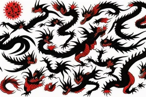Two black dragons and One red in the Middle, flying thro tattoo idea