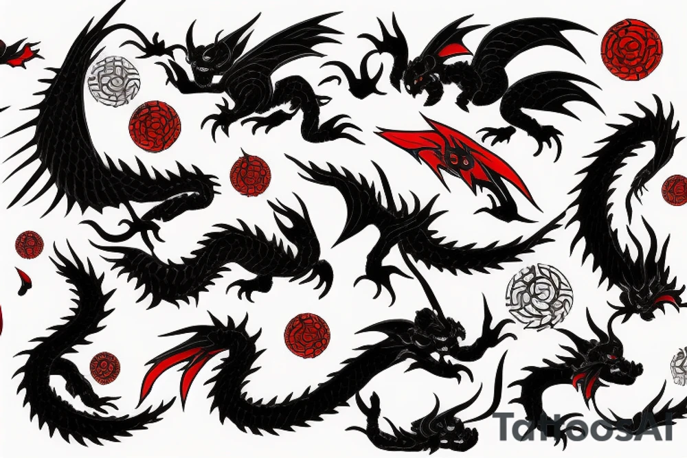 Two black dragons and One red in the Middle, flying thro tattoo idea