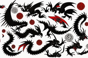 Two black dragons and One red in the Middle, flying thro tattoo idea