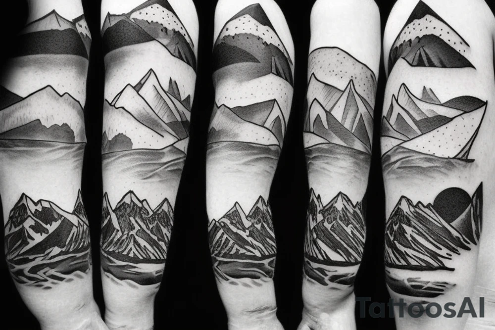 Simple Mountain range with a climber and climbing gear tattoo idea Simple Mountain range with a climber and climbing gear tattoo idea