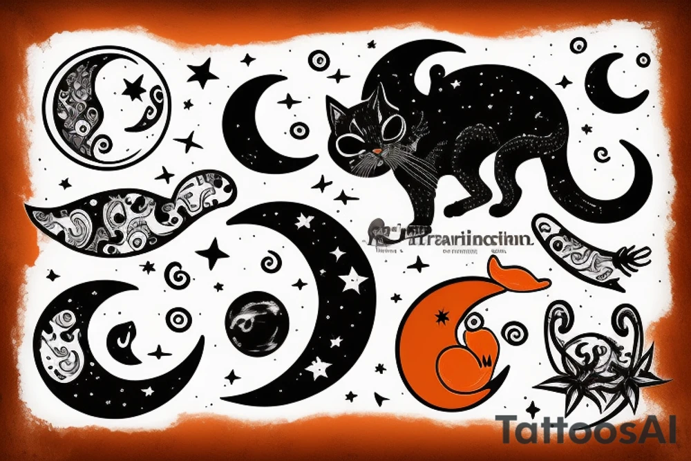 Orange cat with a moon in the back tattoo idea