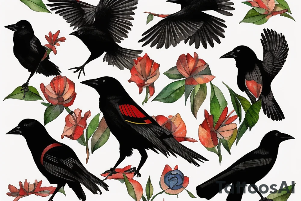 red winged blackbird and a raven in a scene tattoo idea