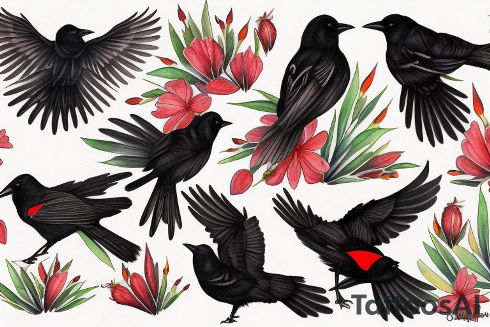 red winged blackbird and a raven in a scene tattoo idea
