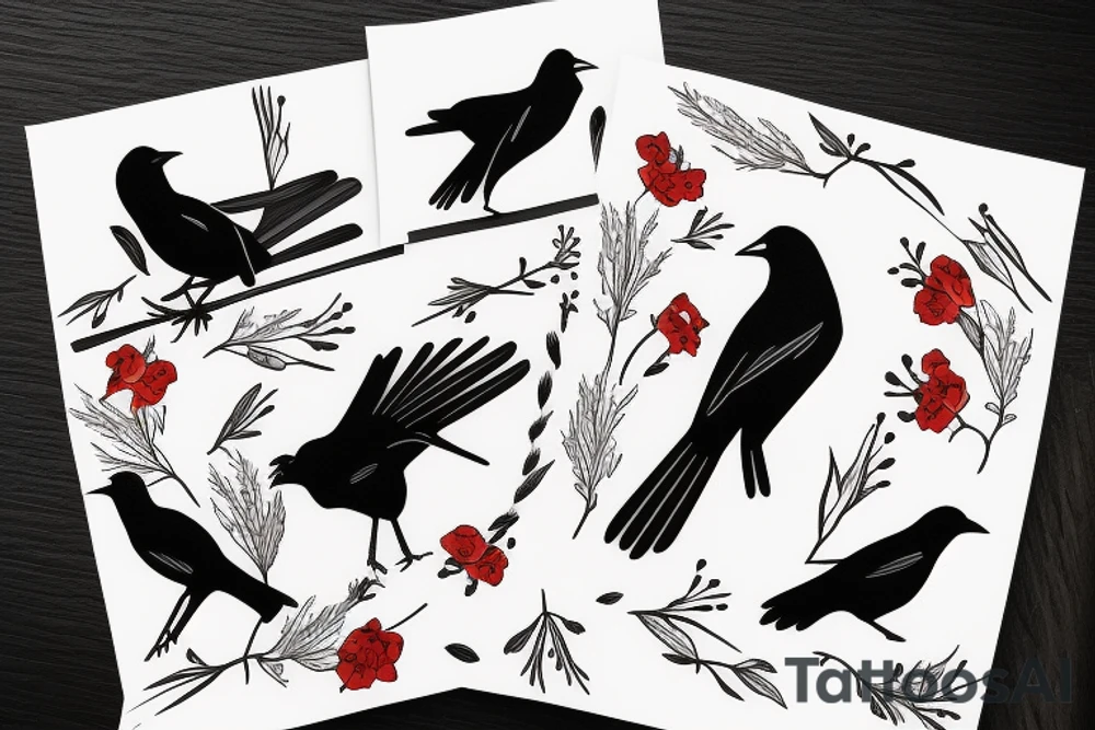 red winged blackbird and a raven in a scene tattoo idea