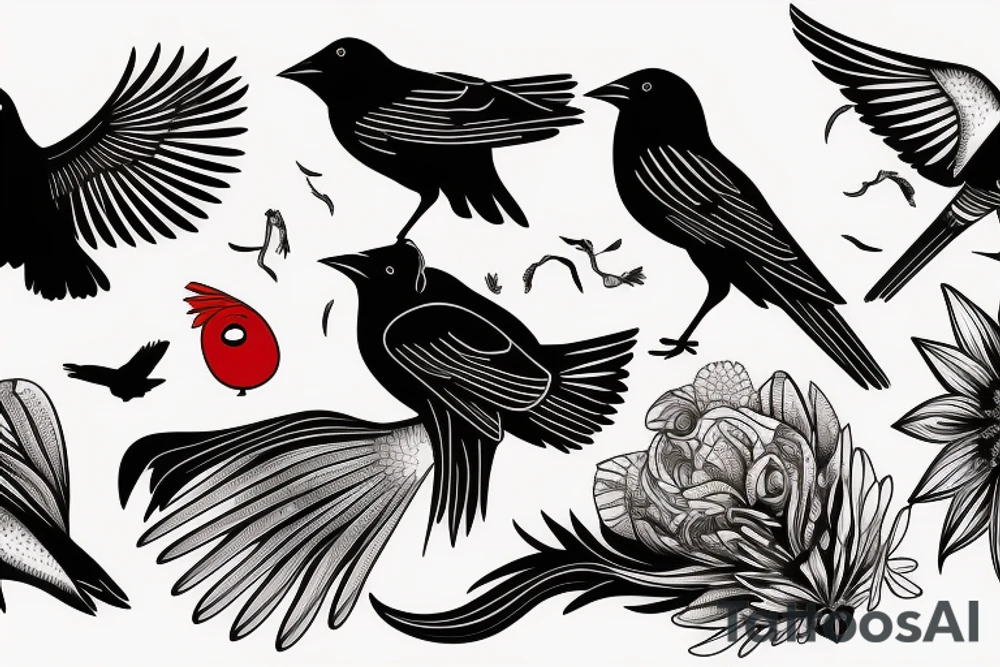 red winged blackbird and a raven in a scene tattoo idea
