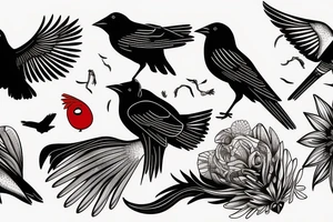 red winged blackbird and a raven in a scene tattoo idea
