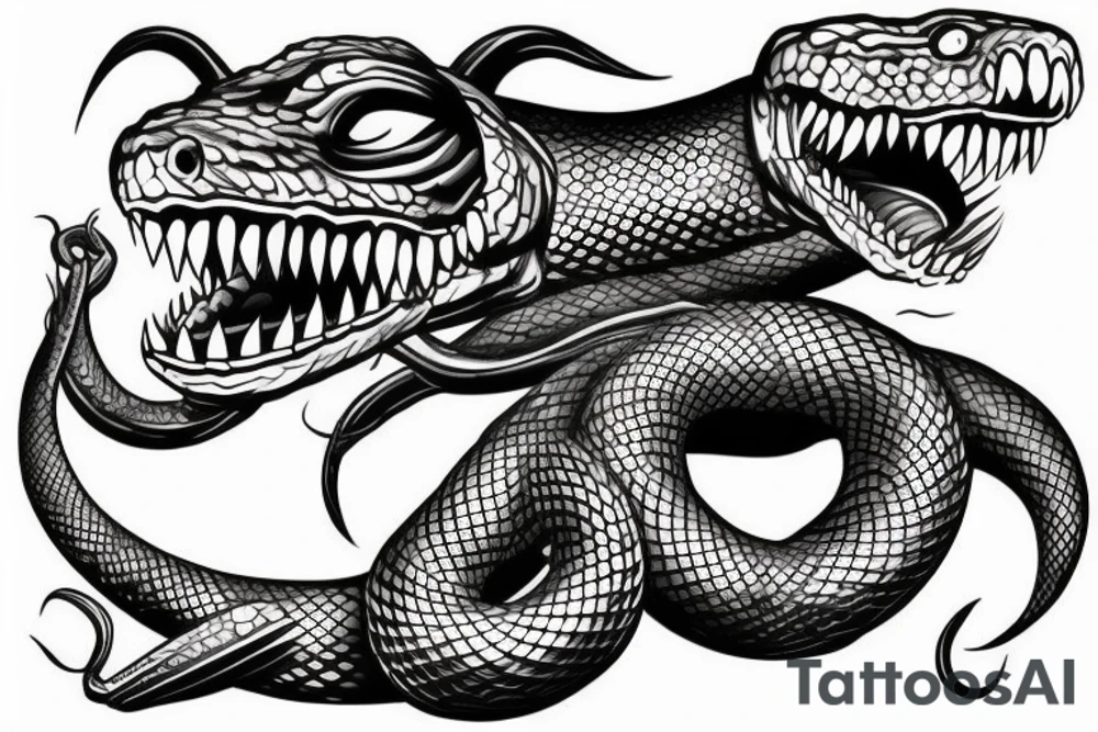 Giant snake, sharp teeth, full arm tattoo, big scales tattoo idea