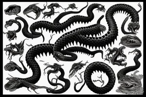 Giant snake, sharp teeth, full arm tattoo, big scales tattoo idea