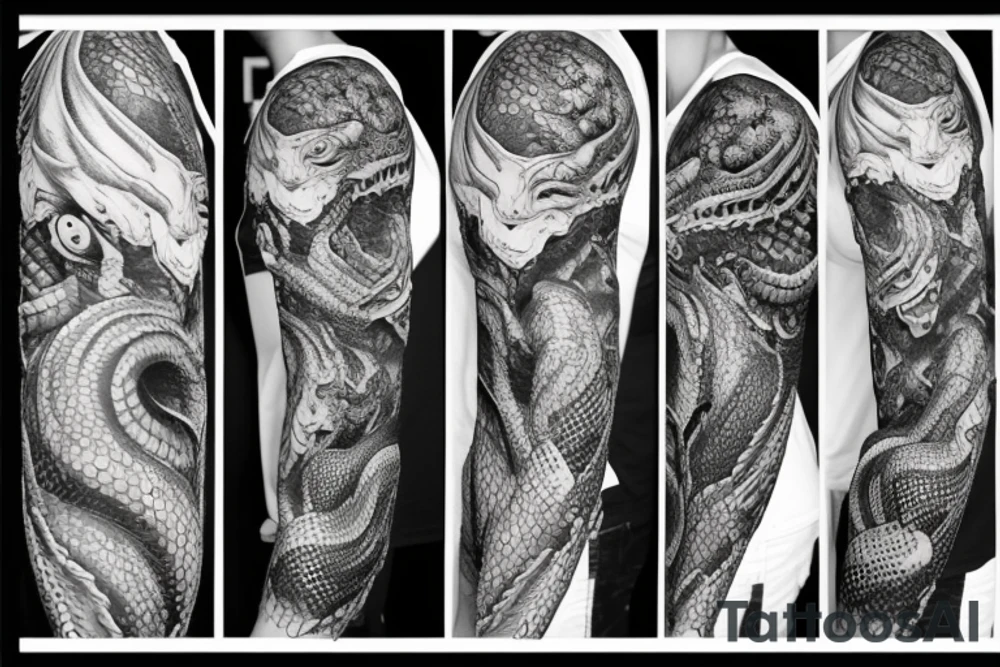 Giant snake, sharp teeth, full arm tattoo, big scales, realistic, 8k tattoo idea