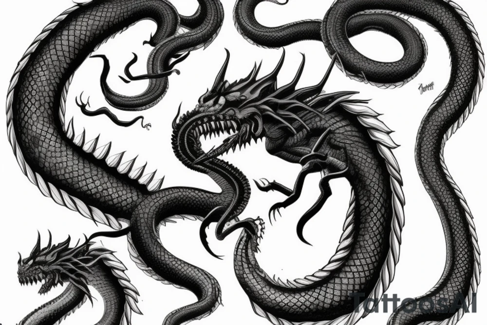 Long Giant dragon snake, sharp teeth, full arm tattoo, big scales, realistic, 8k tattoo idea