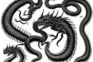 Long Giant  dragon snake, sharp teeth, full arm tattoo, big scales, realistic, 8k tattoo idea