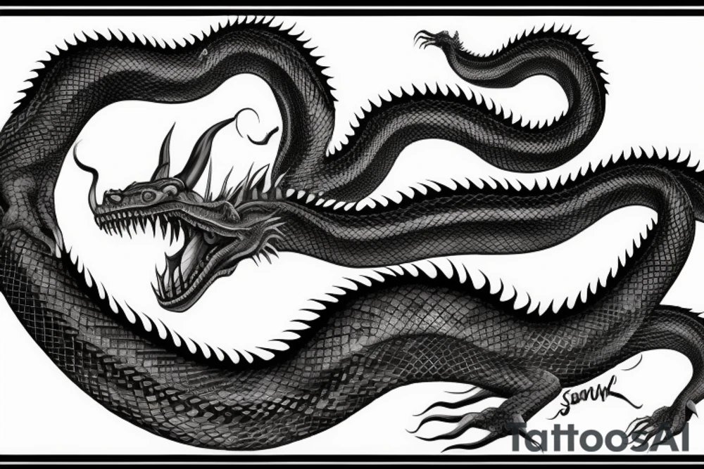 Long Giant dragon snake, sharp teeth, full arm tattoo, big scales, realistic, 8k tattoo idea