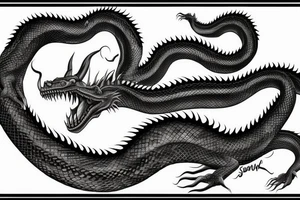 Long Giant  dragon snake, sharp teeth, full arm tattoo, big scales, realistic, 8k tattoo idea