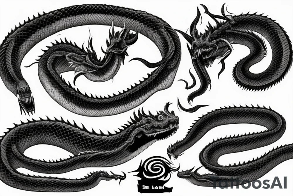Long Giant dragon snake, sharp teeth, full arm tattoo, realistic, 8k tattoo idea