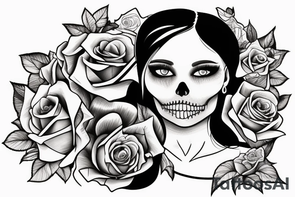 a girl with a rose and a book and a skull tattoo idea