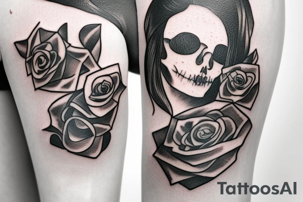 a girl with a rose and a book and a skull tattoo idea