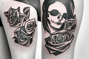 a girl with a rose and a book and a skull tattoo idea