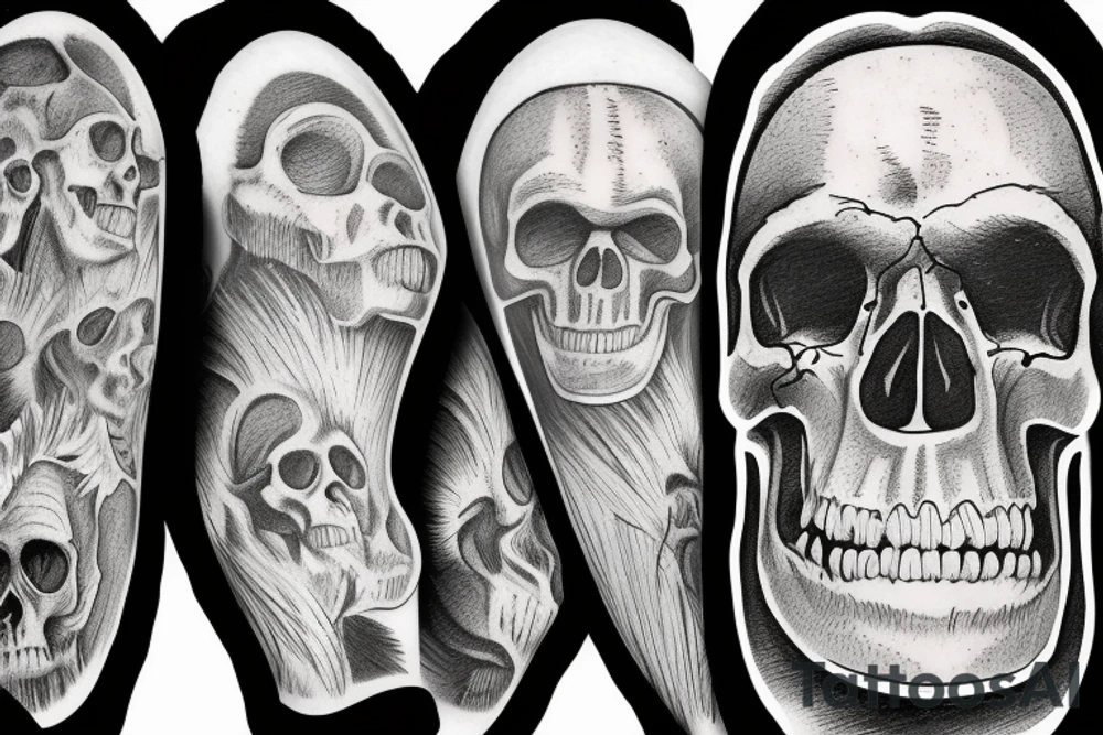 skulls of Australopithecus afarensis, Homo habilis, Homo erectus, and Homo sapiens tattoo idea