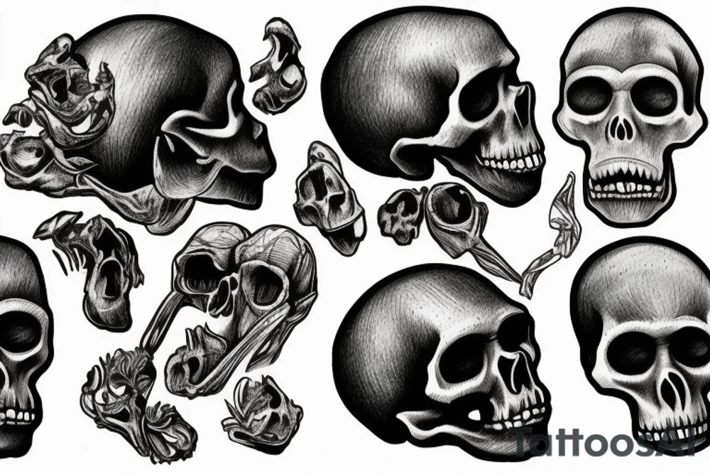 skulls of Australopithecus afarensis, Homo habilis, Homo erectus, and Homo sapiens tattoo idea