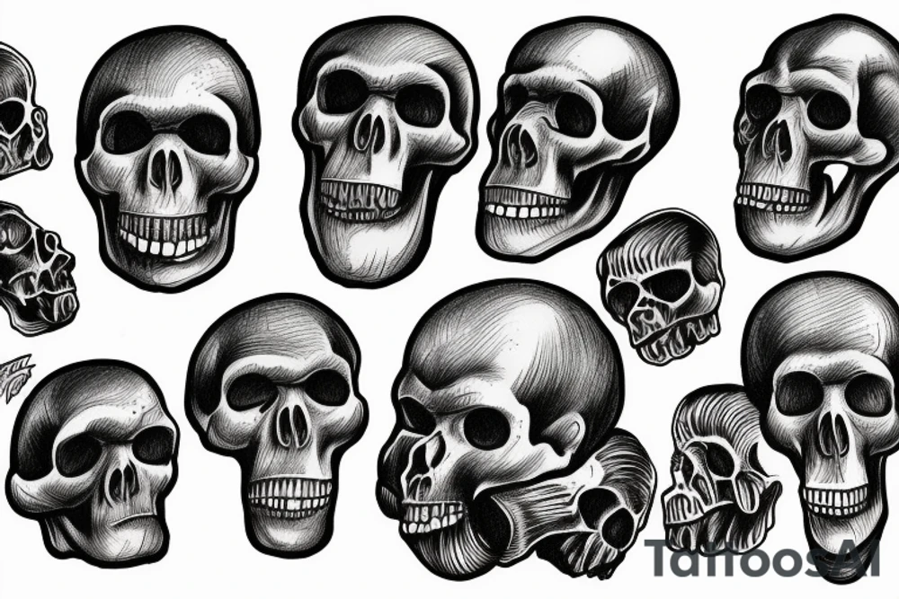 skulls of Australopithecus afarensis, Homo habilis, Homo erectus, and Homo sapiens tattoo idea