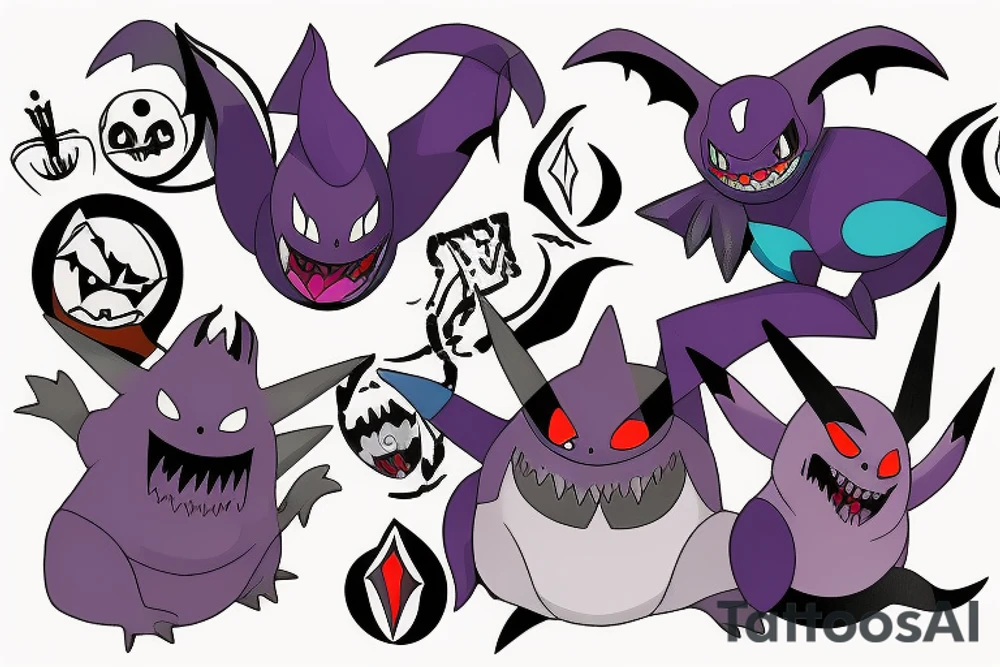 Gengar Pokémon with other spooky ghost Pokémon tattoo idea