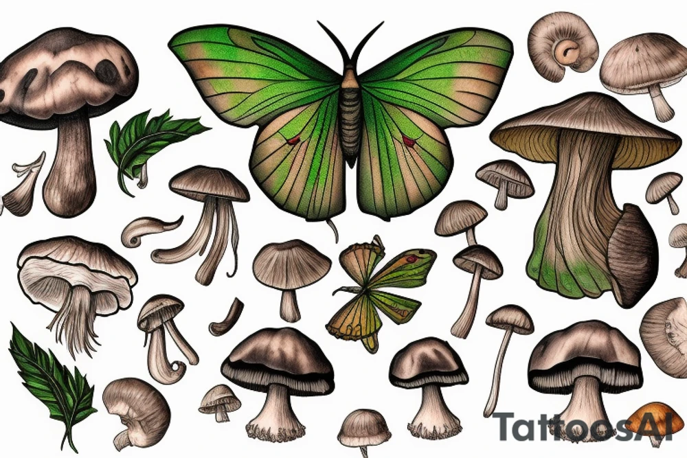Luna moth and earthy color mushrooms tattoo idea