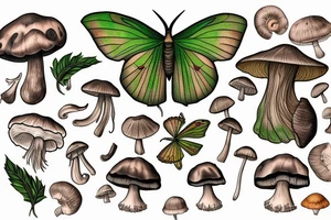 Luna moth and earthy color mushrooms tattoo idea